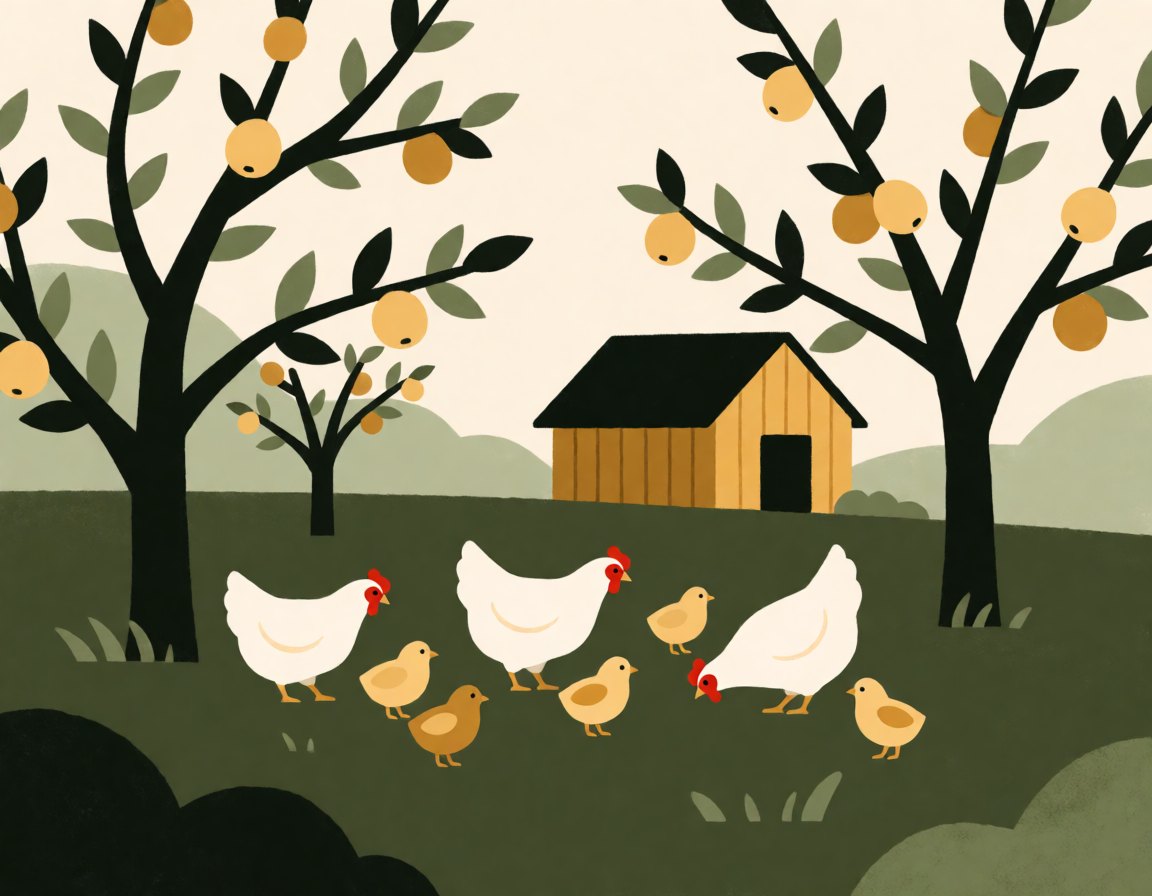 Illustration of hens and chicks foraging under fruit trees near a wooden coop